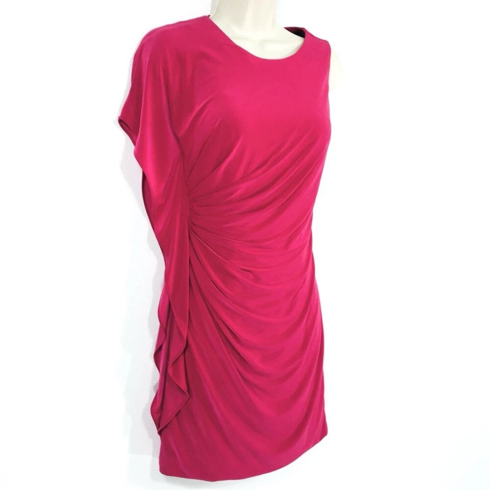 Dalia Macphee One Shoulder Flutter Sleeve Dress Sz 2 Built In Bra Draped Ruching